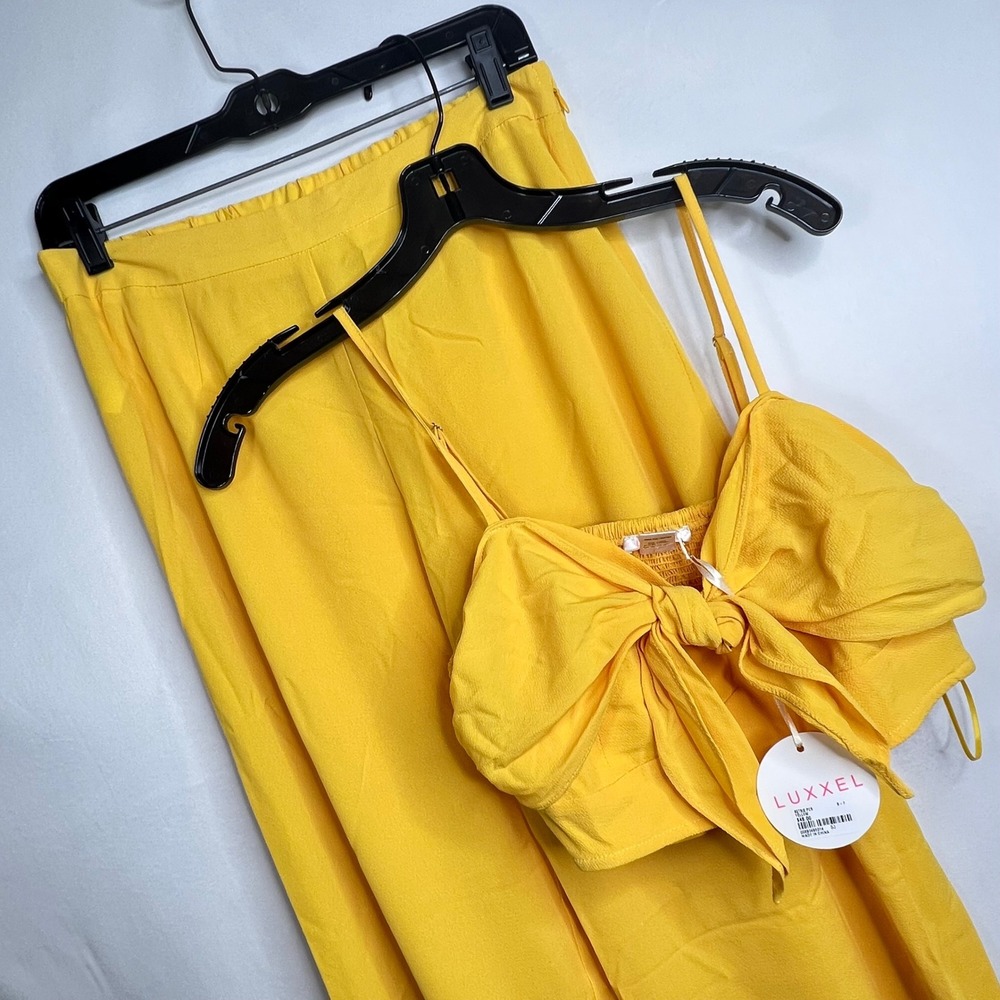NEW Luxxel Yellow 2 Piece Set Women L Tie Front Crop Top Wide Leg Pants Festival